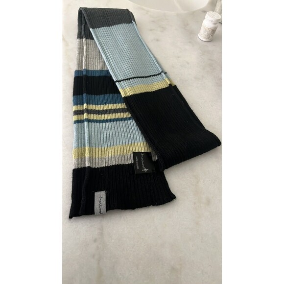 EUC SMARTWOOL Knit Striped Merino Wool Blue Black Teal 70x4” Thin Neck Scarf - Picture 1 of 9